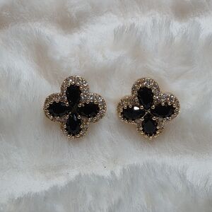 Gold-Trim Black Crystal Clover Stud Earrings